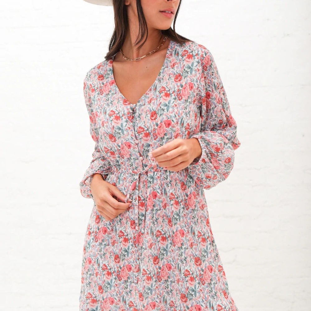 MikaRose Dress Emory Micro Pleated Floral Peach Amber Dress